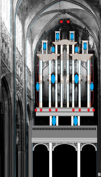 Bois-le-Duc - main organ with columns, statues (blue) and putti (red)